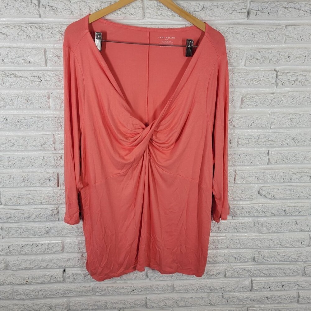 Lane Bryant 26 28 Orange V Neck 3/4 Sleeve Tunic Blouse Womens Plus ORA4E